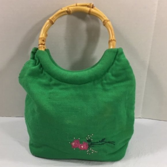 Class Bags By Karen Krautter Green Cotton Floral Wooden Handle Hand Bag - Picture 4 of 10
